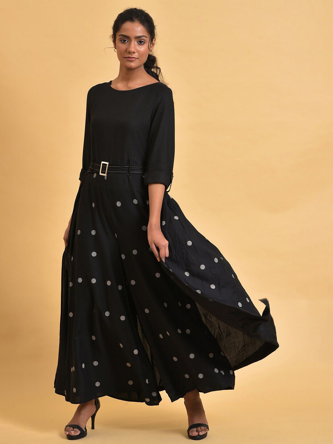 W Black & Grey Polka Dots Printed Pleated Belted Culotte Jumpsuit