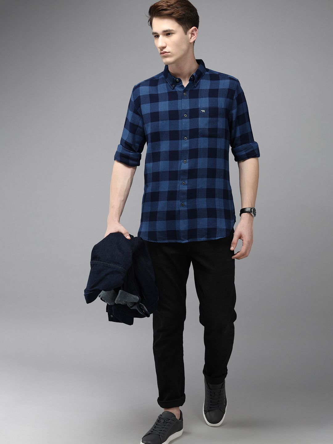 THE BEAR HOUSE Men Flannel Cotton Slim Fit Windowpane Checked Casual Shirt