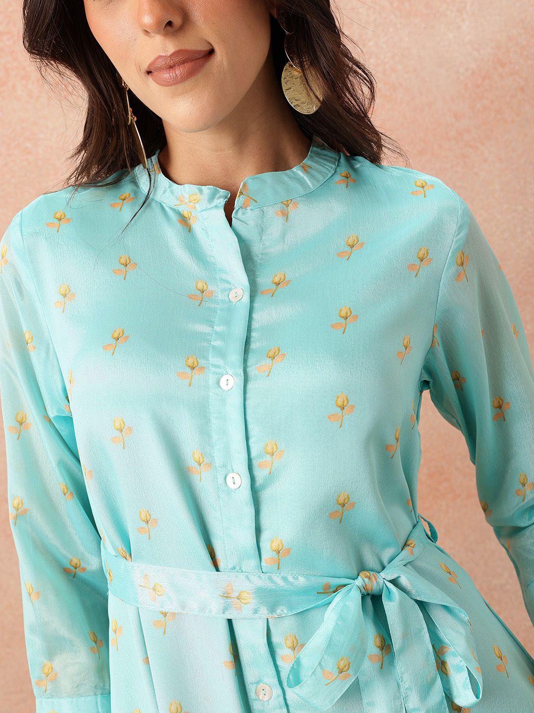 all about you Printed Belted Satin Finish Ethnic Shirt Midi Dress