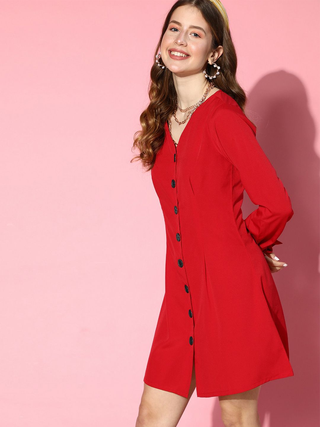 Berrylush Red Solid Crepe Mini A-Line Dress
