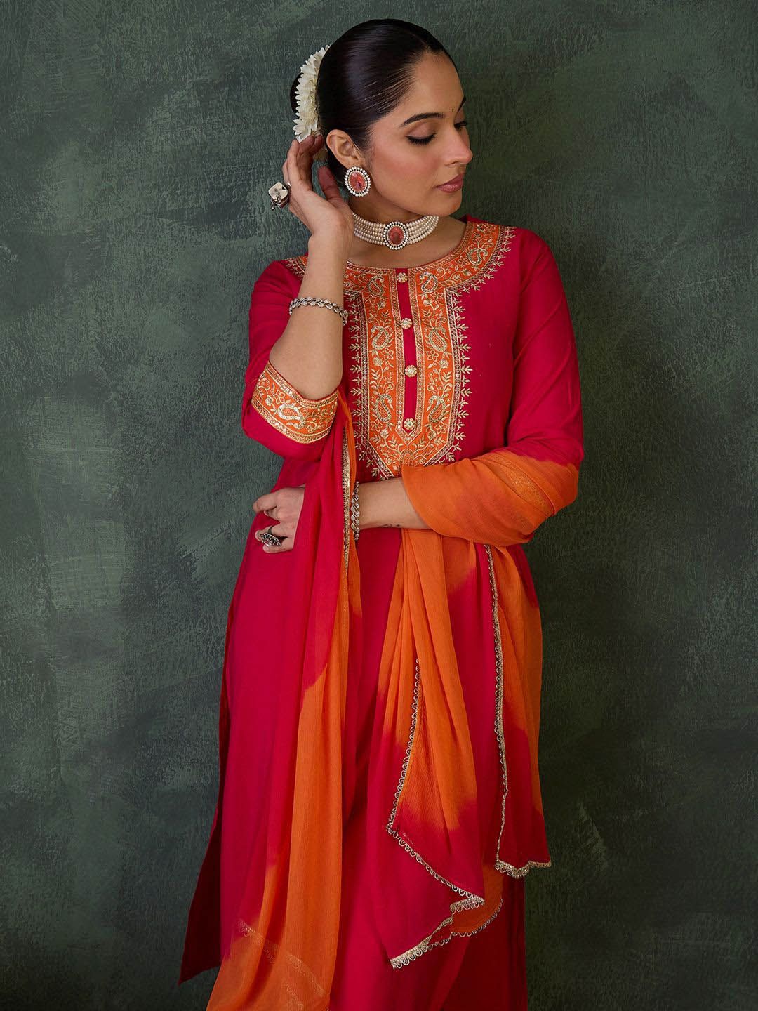 Indo Era Floral Yoke Design Round Neck Zari Straight Kurta With Trousers & Dupatta