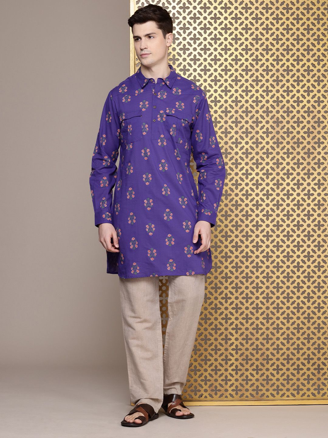 House of Pataudi Men Floral Printed Pure Cotton Kurta