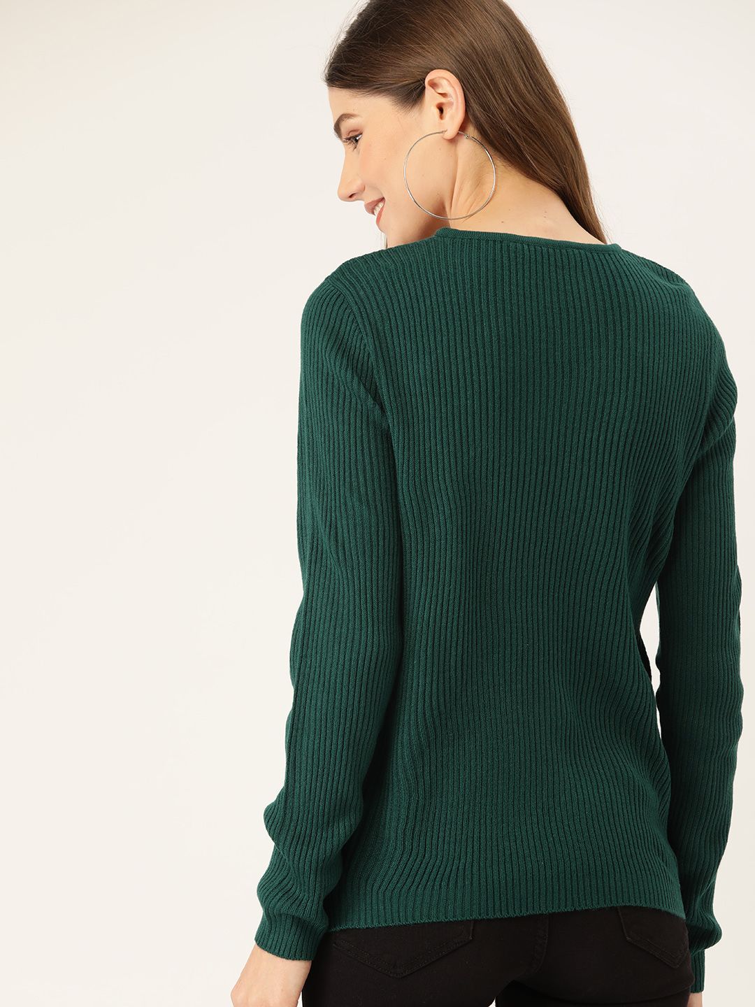 DressBerry Women Green Ribbed Pullover Sweater