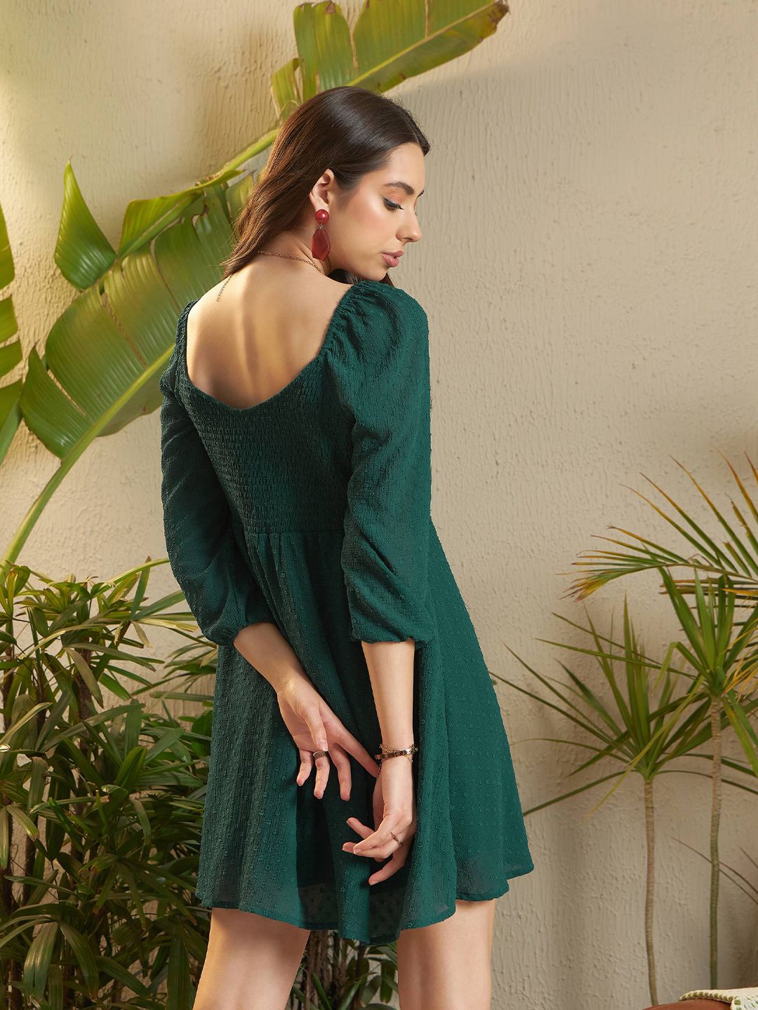 SASSAFRAS Green Self Design Georgette A-Line Dress