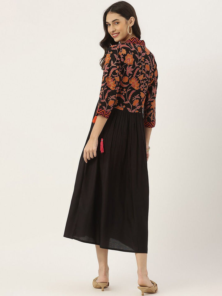 Rustorange Black Ethnic Motifs A-Line Gathered Midi Dress
