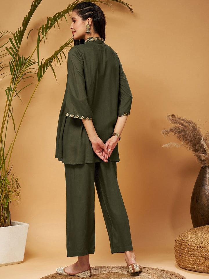 Shae by SASSAFRAS Zari Embroidered Shirt Collar Tunic Top With Palazzos Co-Ords