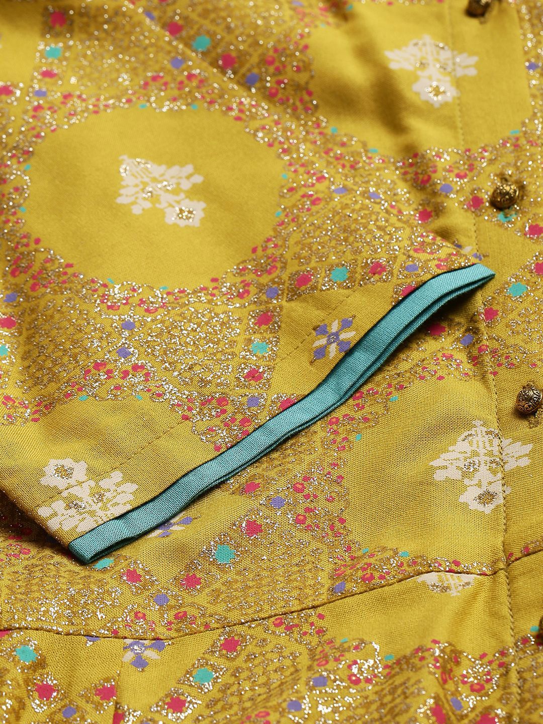 W Yellow Ethnic Motifs Printed Mandarin Collar Panelled A-Line Kurta