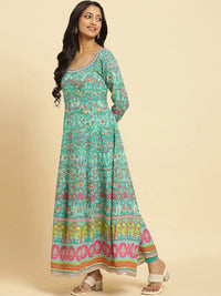 W Green Floral Printed Anarkali Thread Work Kurta With Leggings And Dupatta