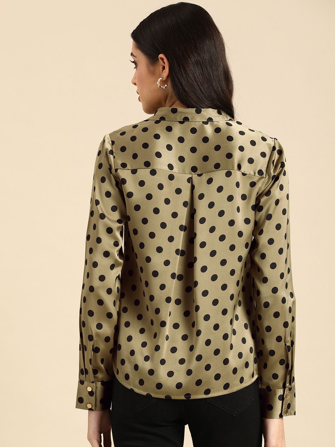 all about you Women Olive Green & Black Polka Dot Printed Casual Shirt