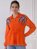 Antheaa Embroidered Floral Shirt Collar Extended Sleeves Semi Sheer Peplum Top