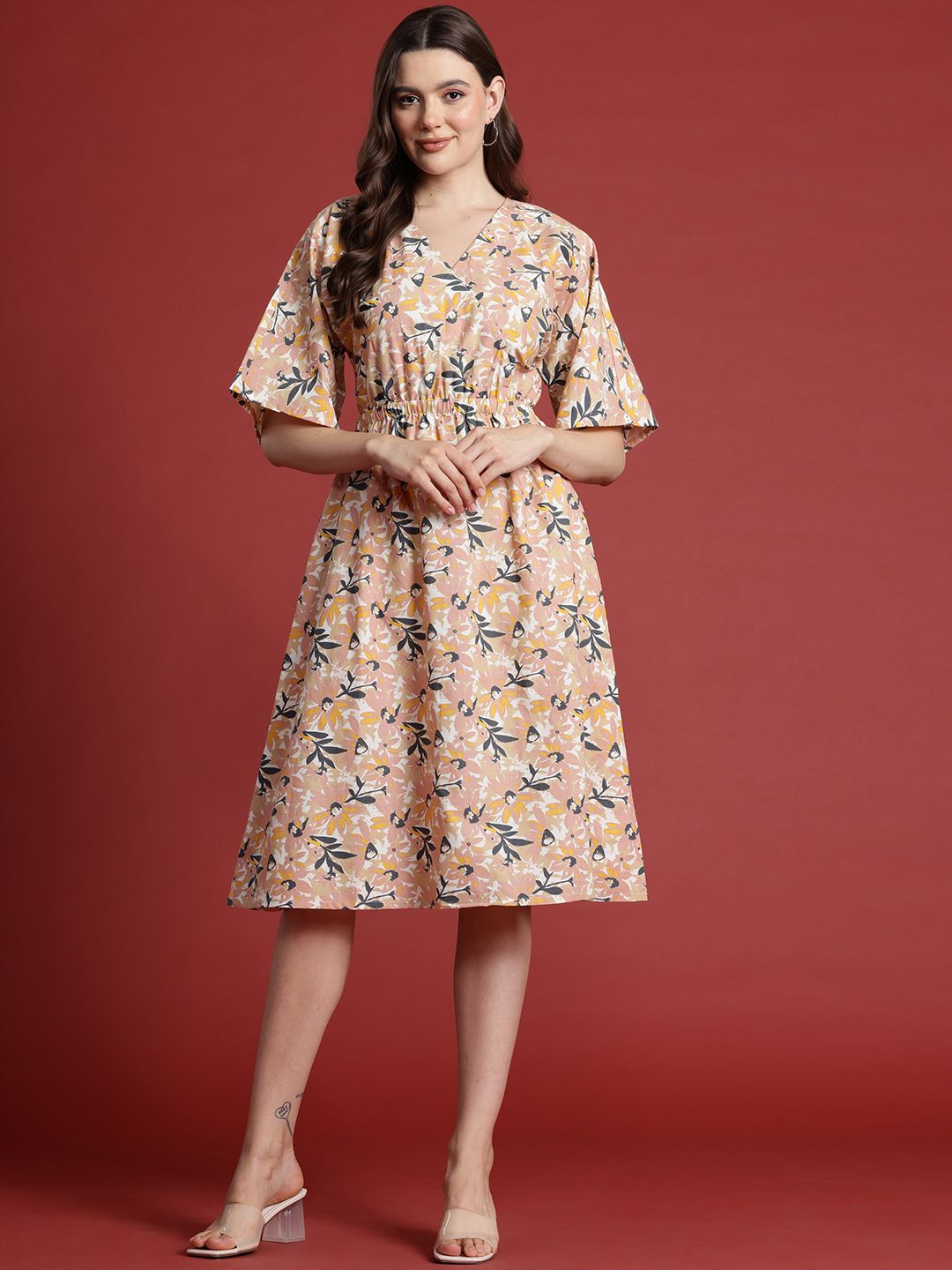 all about you Pure Cotton Floral Print Flared Sleeves Wrap Dress
