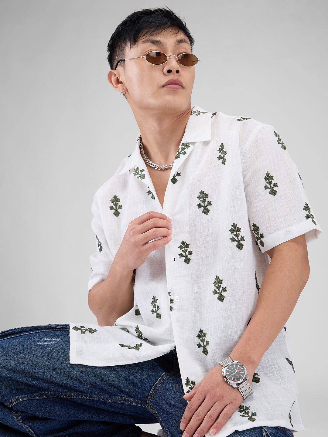 VASTRADO White & Olive Embroidered Cuban Collar Pure Cotton Oversized Shirt