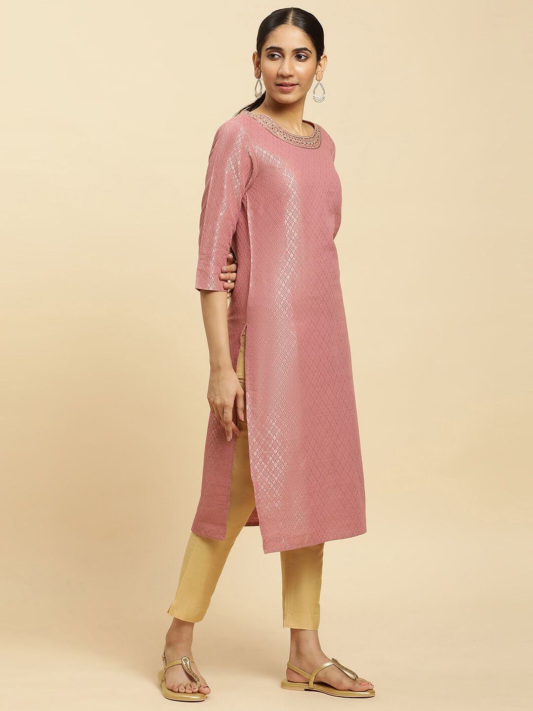 W Pink Woven Design Sequinned Straight Kurta