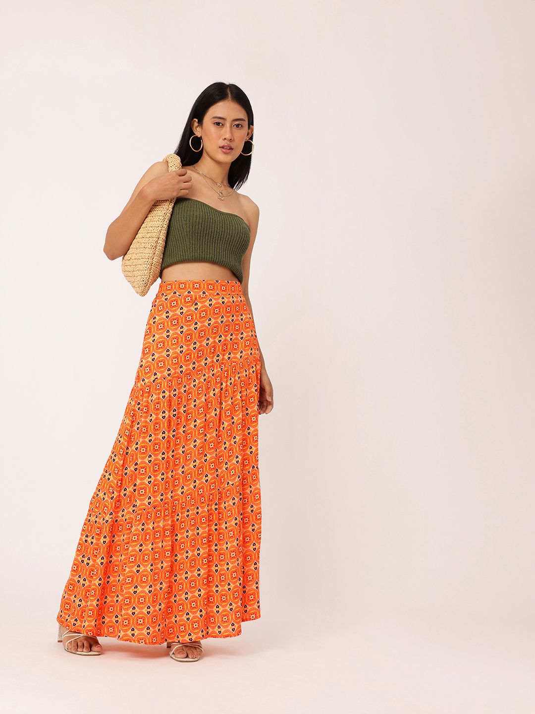 DressBerry Women Heritage Printed Maxi Tiered Skirt