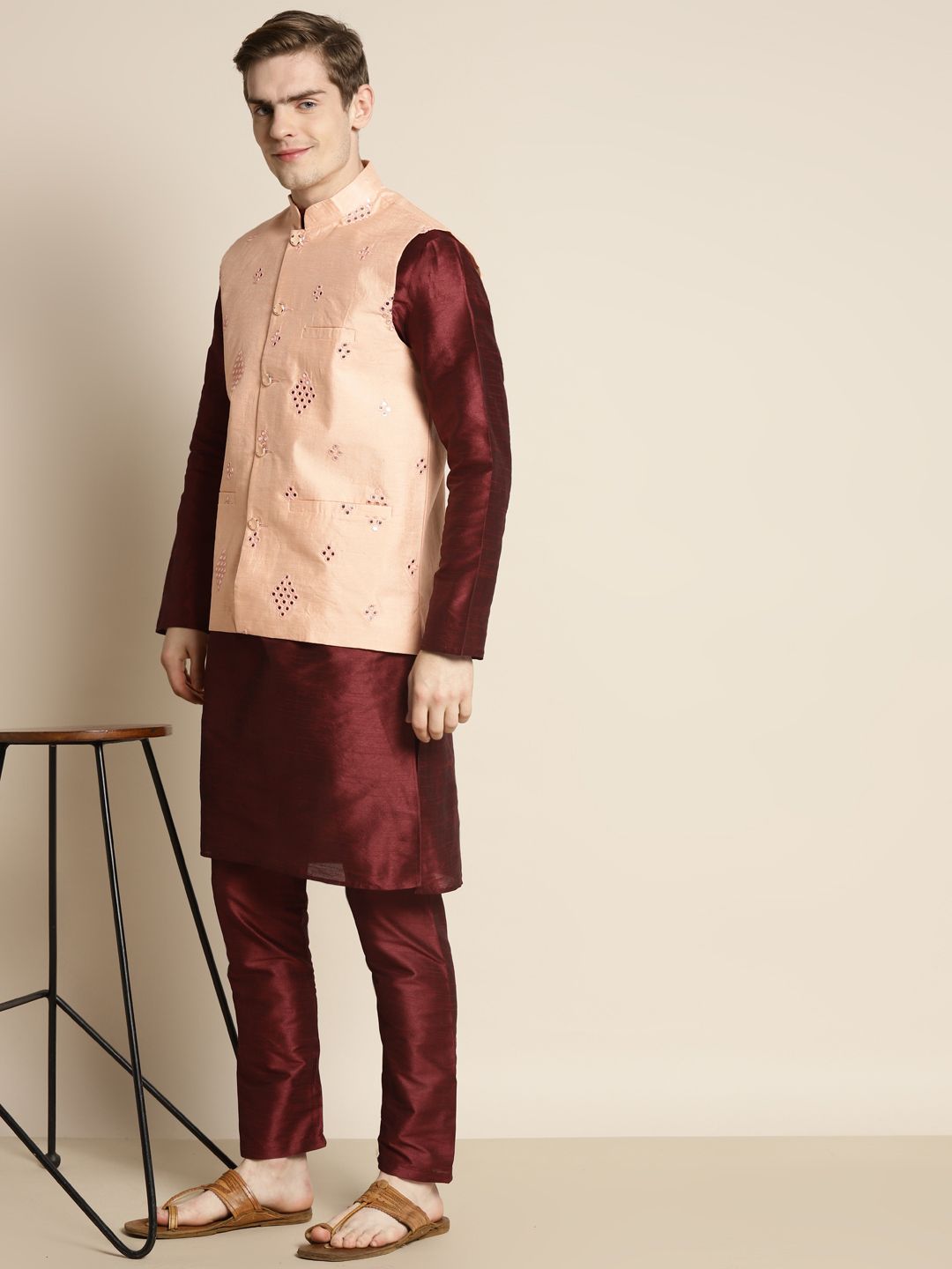 SOJANYA Men Mirror Work Kurta with Churidar