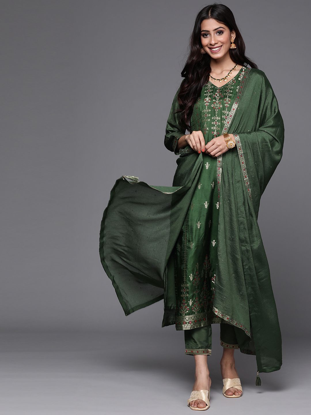 Libas Women Green & Gold Zari Woven Design Straight Kurta with Trousers & With Dupatta