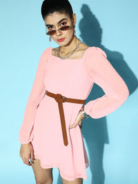 Berrylush Women Pink Striped Bishop Sleeves Dress