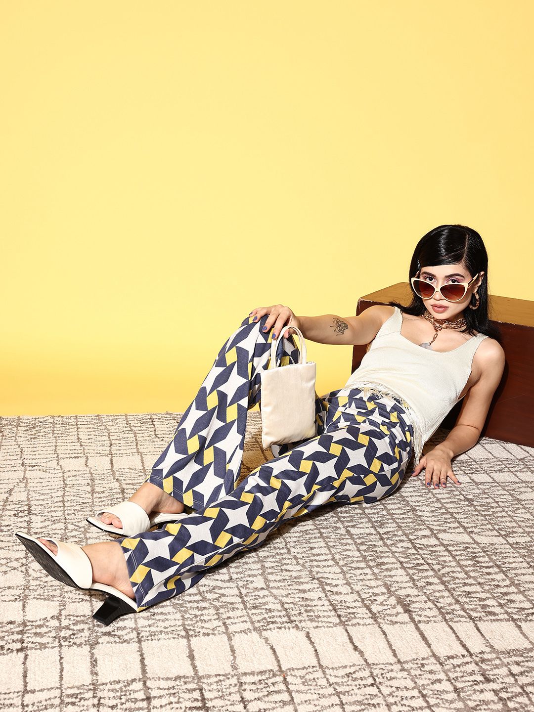 SASSAFRAS Women Navy Blue Geometric Indie Gal Trousers