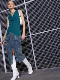 SASSAFRAS Green Washed Cargo Pencil Midi Denim Skirt