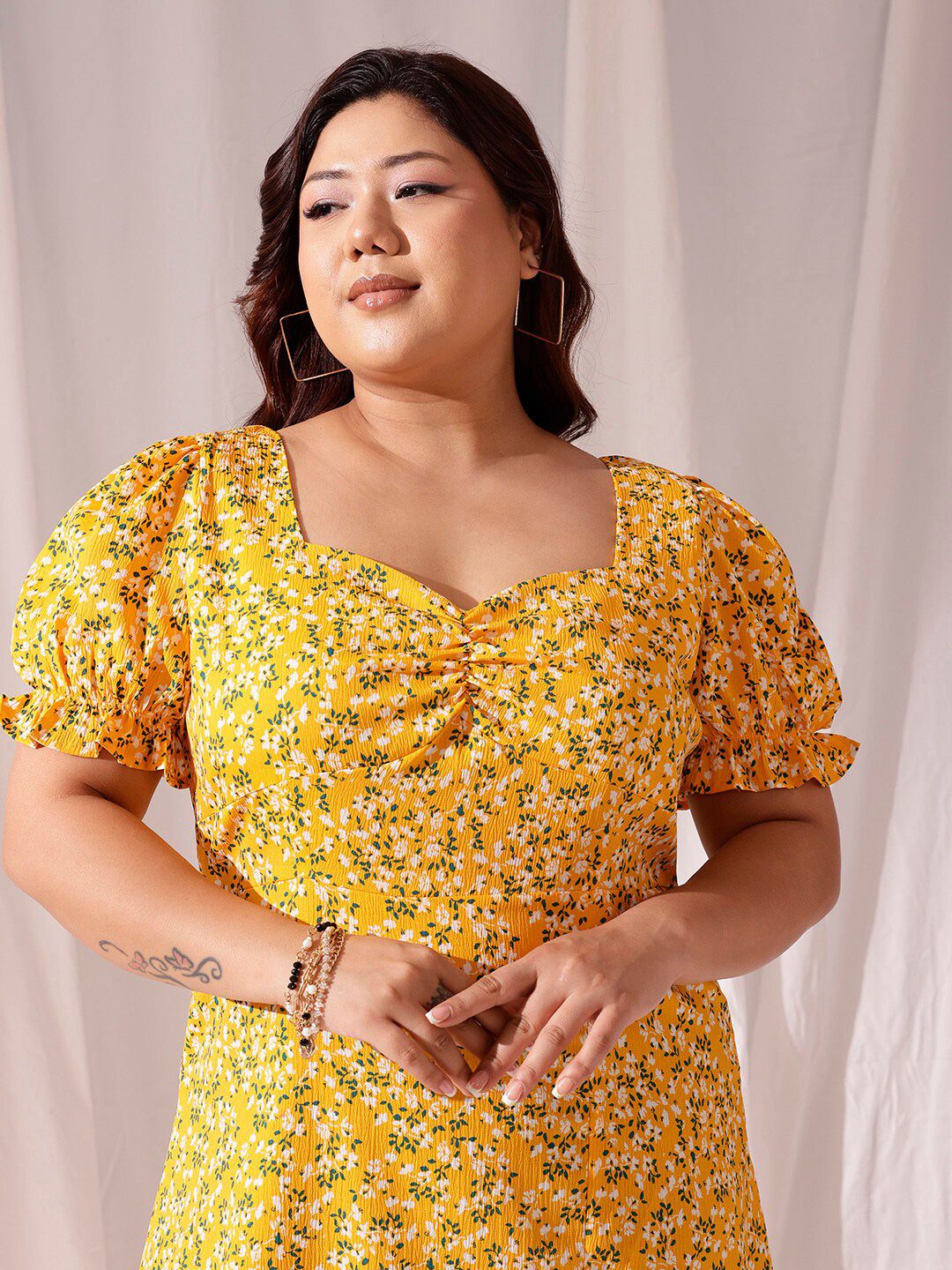 CURVY STREET Yellow Floral Printed Flared Puff Sleevese Fit & Flare Dress