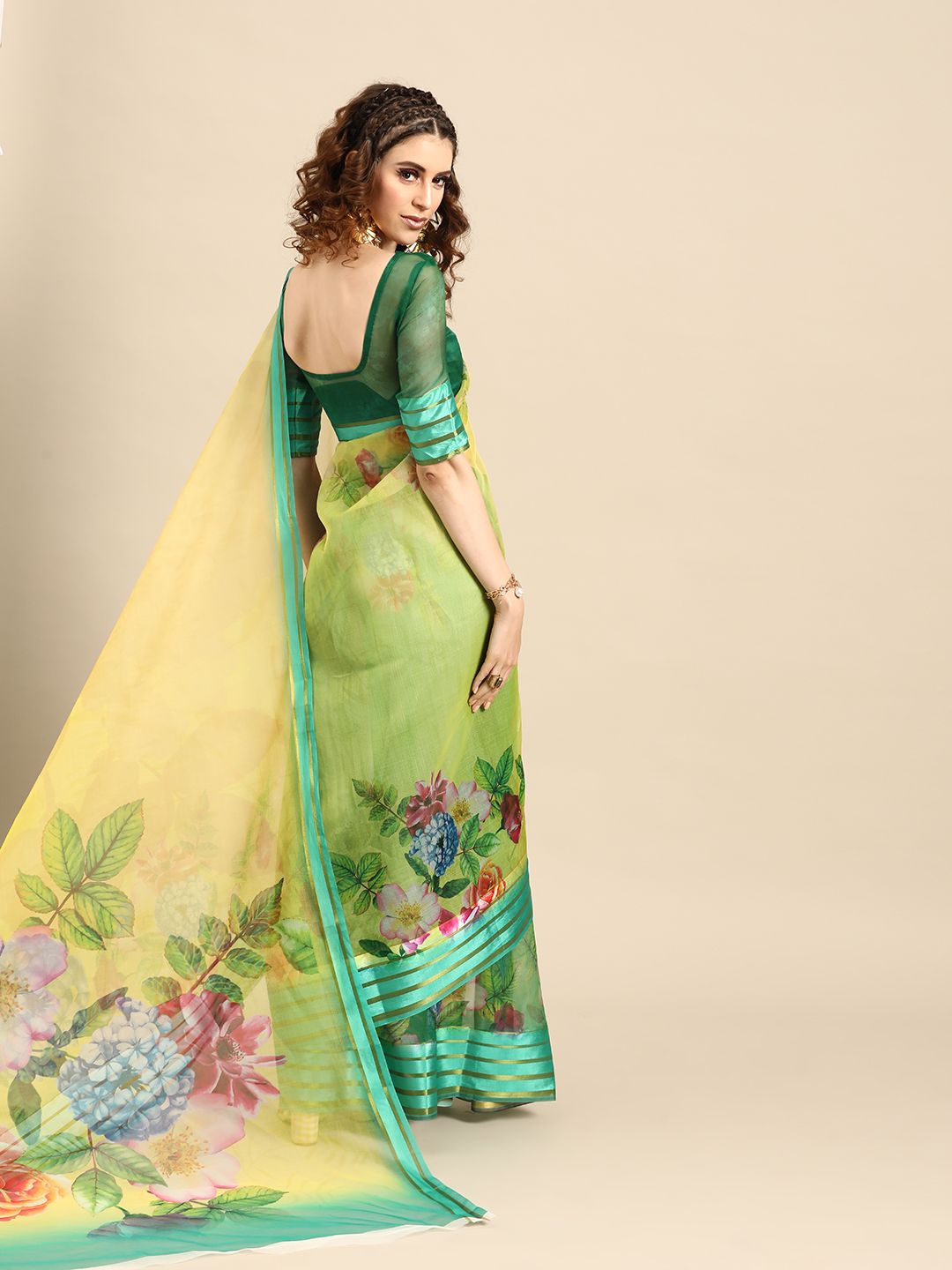 Saree mall Green & Yellow Floral Print Saree