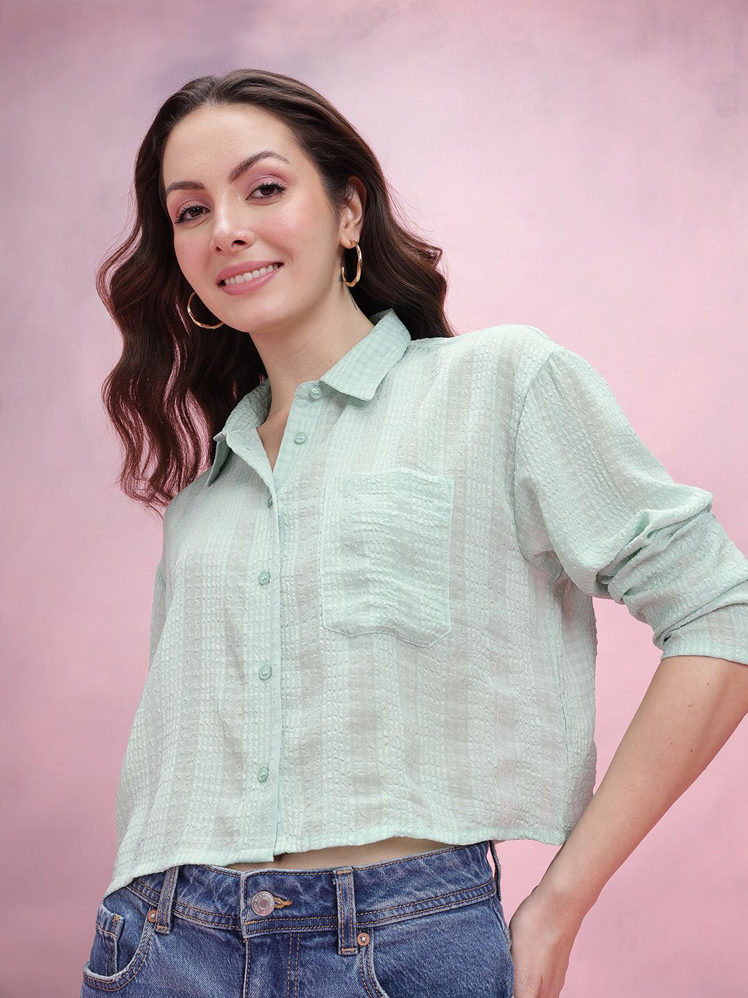 DressBerry Seersucker Checked Boxy Casual Shirt