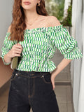 Tranquility Charm Printed Off-Shoulder Peplum Crop Top