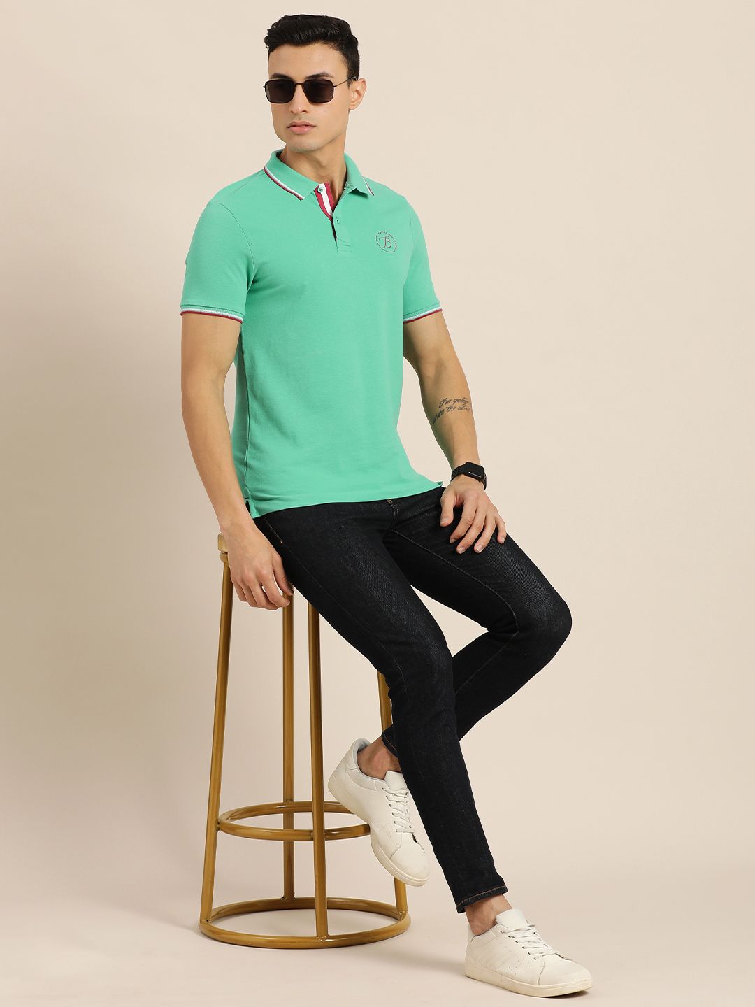 Being Human Men Sea Green Polo Collar Pure Cotton Slim Fit T-shirt With Brand Logo Print