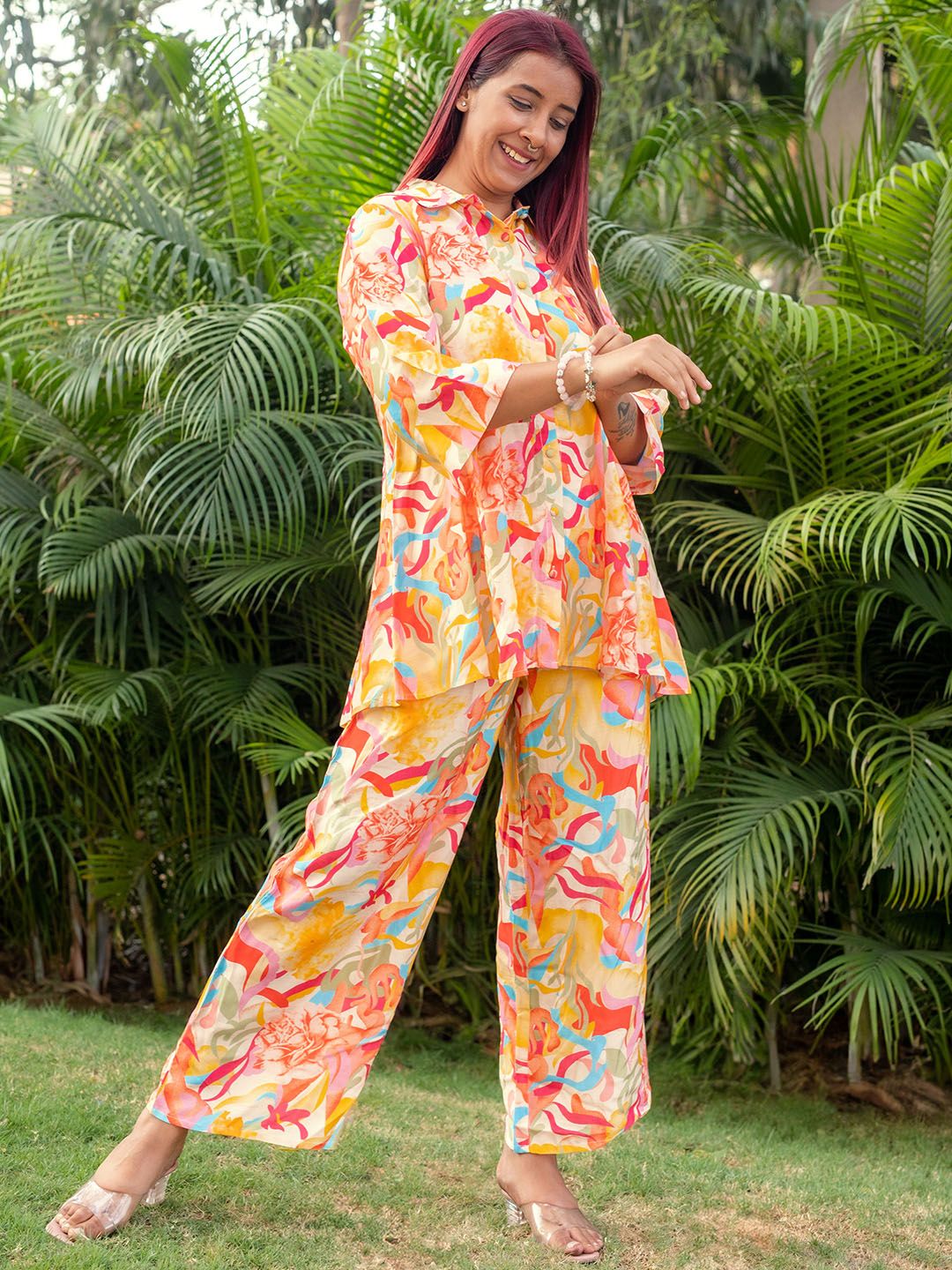 Libas Abstract Printed A-Line Shirt & Palazzo Set