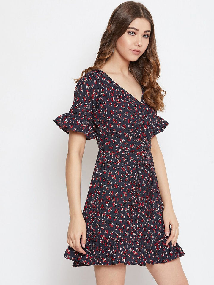 Berrylush Women Navy Blue & Red Micro Floral Printed Fit and Flare Dress