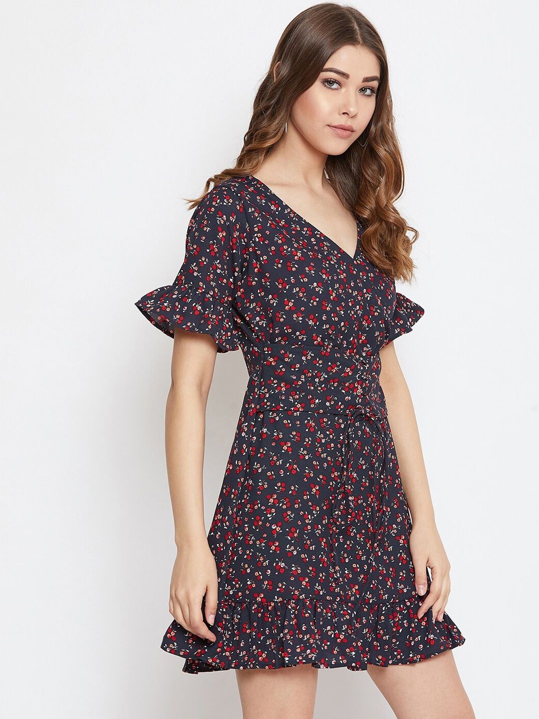 Berrylush Women Navy Blue & Red Micro Floral Printed Fit and Flare Dress