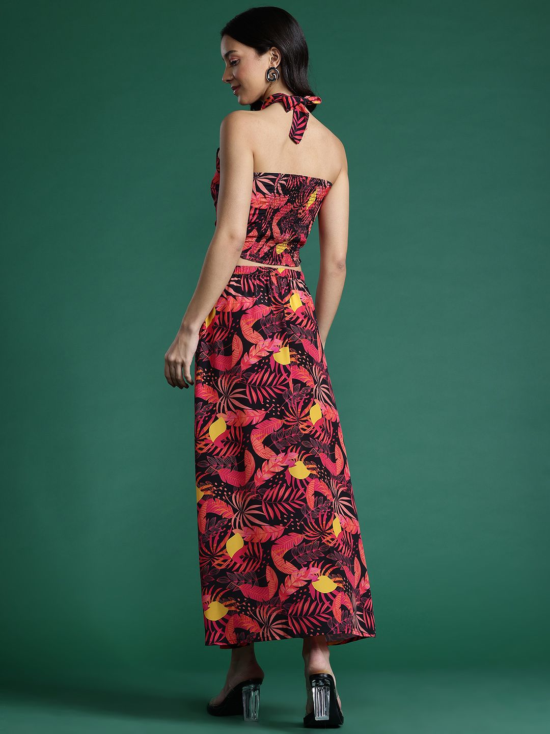 DressBerry Women Tropical Printed Smocked Top with Skirt Co-Ord Set