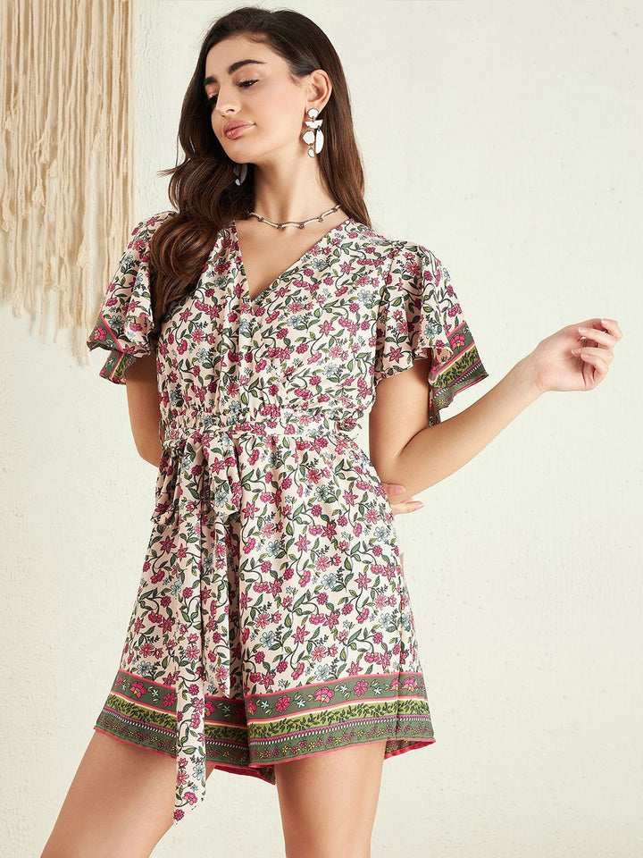 Berrylush Pink Floral Printed V-Neck Flared Sleeves Playsuit With Belt
