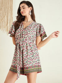 Berrylush Pink Floral Printed V-Neck Flared Sleeves Playsuit With Belt