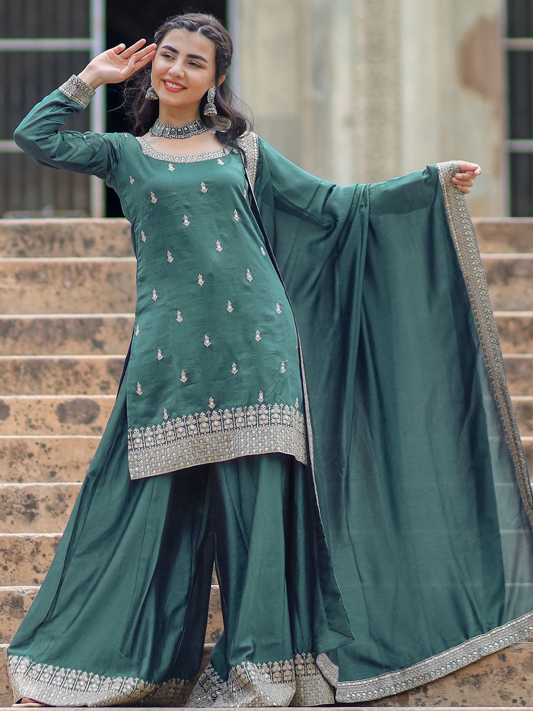 Libas Floral Embroidered Zari Kurta with Palazzos & With Dupatta