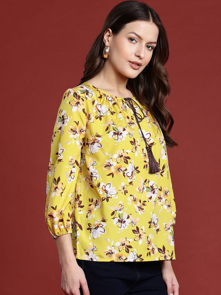 all about you Floral Print Tie-Up Neck Puff Sleeves Top
