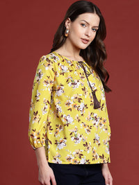 all about you Floral Print Tie-Up Neck Puff Sleeves Top