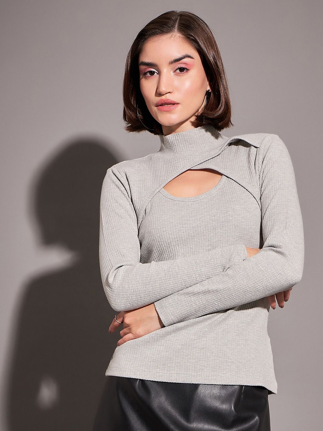 SASSAFRAS Grey High Neck Cut-Out Details Fitted Top