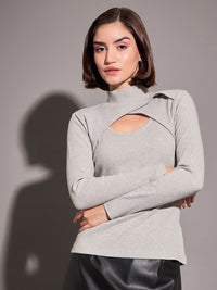 SASSAFRAS Grey High Neck Cut-Out Details Fitted Top