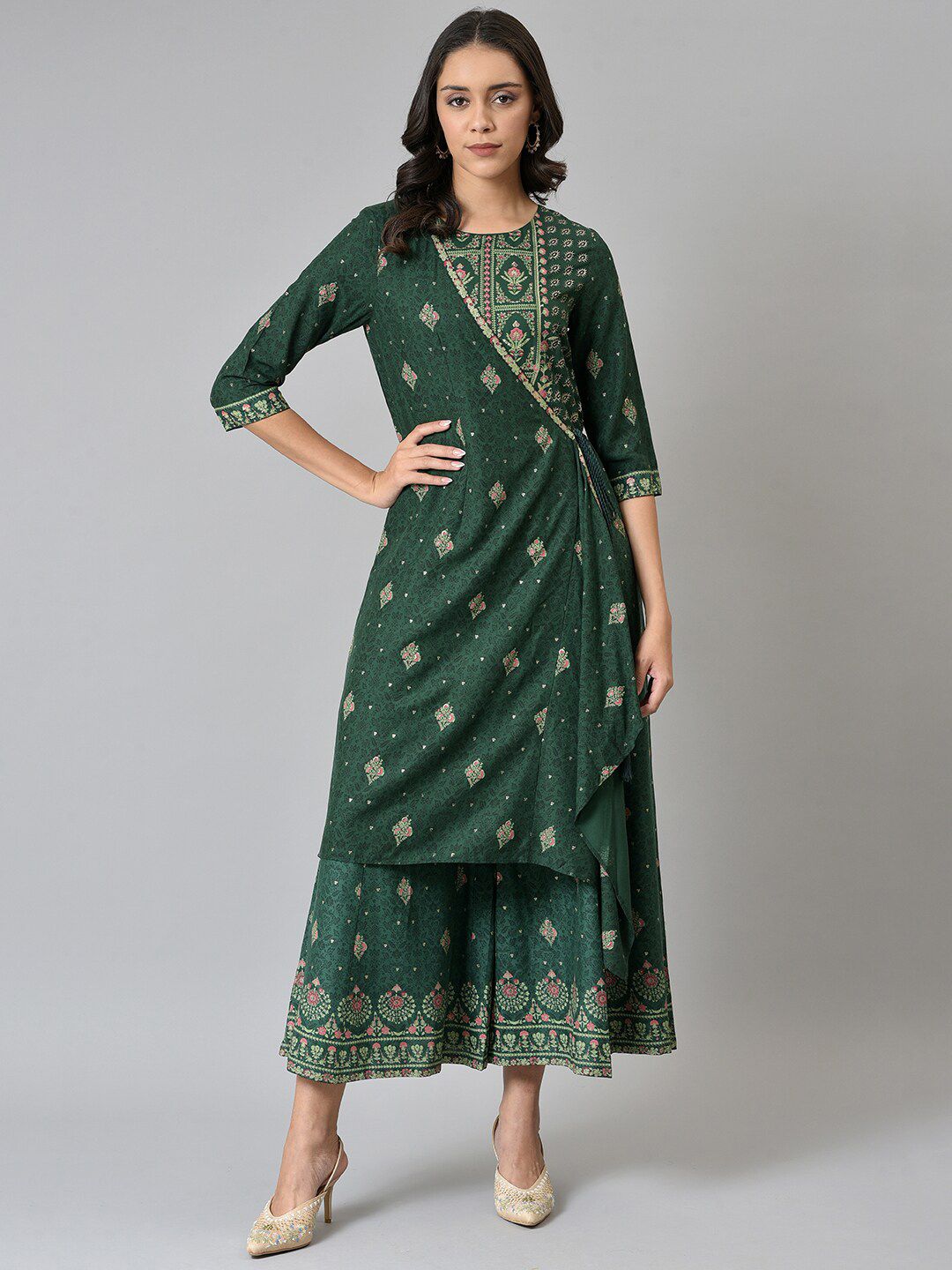 W Women Green Glitter Printed Angrakha Jumpsuit