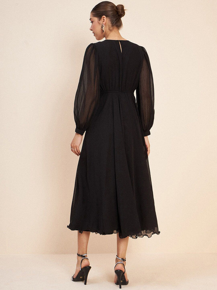 Antheaa Black Puff Sleeve Embellished Detail Fit & Flare Dress