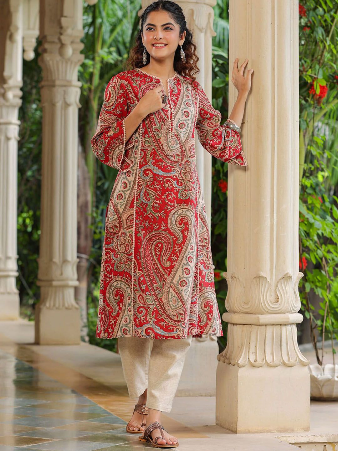 Rain & Rainbow Ethnic Motifs Printed Notched Neck Straight Pure Cotton Kurta