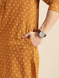 Anouk Men Mustard Yellow & White Geometric Printed Kurta
