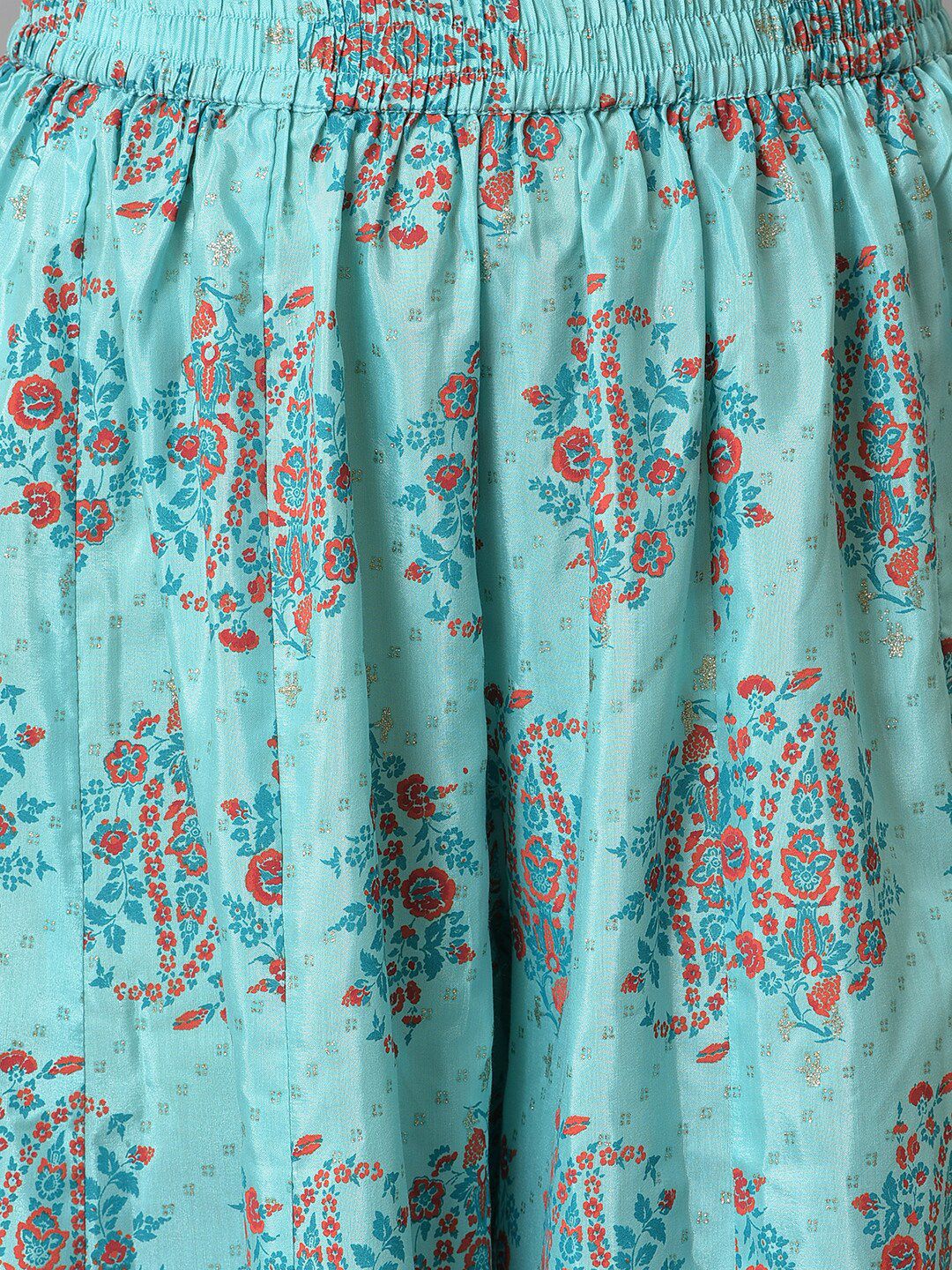 W Women Festive Floral Print Shantung Kurta With Cullote & Dupatta