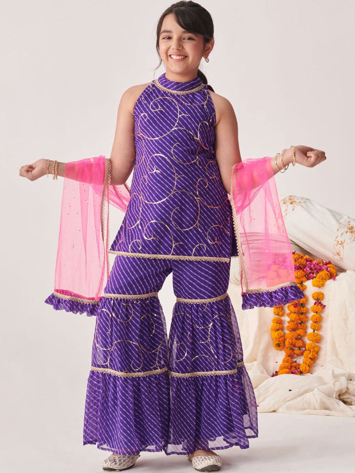 pspeaches Girls Floral Printed Angrakha Kurta with Sharara & With Dupatta