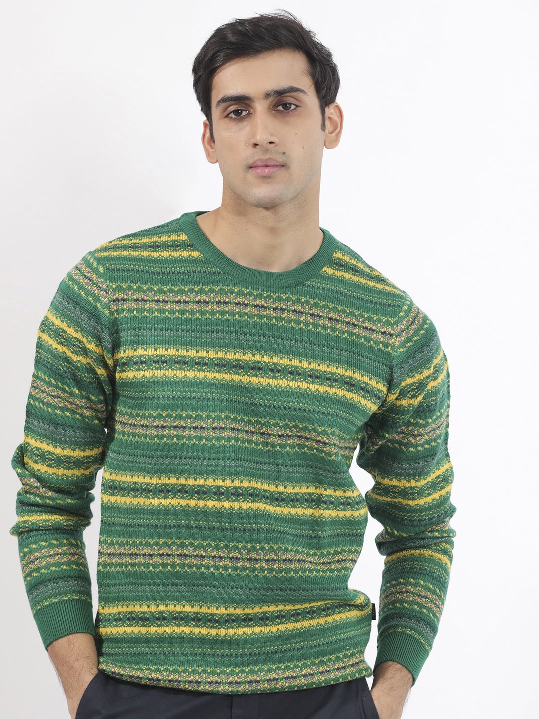 RARE RABBIT Men Fare Crew Neck Chevron Printed Acrylic Sweater