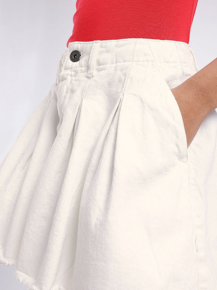 DressBerry Women Urban Chic Flared Frayed Hem A-line Pleated Denim Skirt