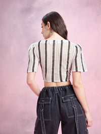 DressBerry Self-Striped Sweetheart Neck Crochet Weave Semi-Sheer Buttoned Crop Fitted Top