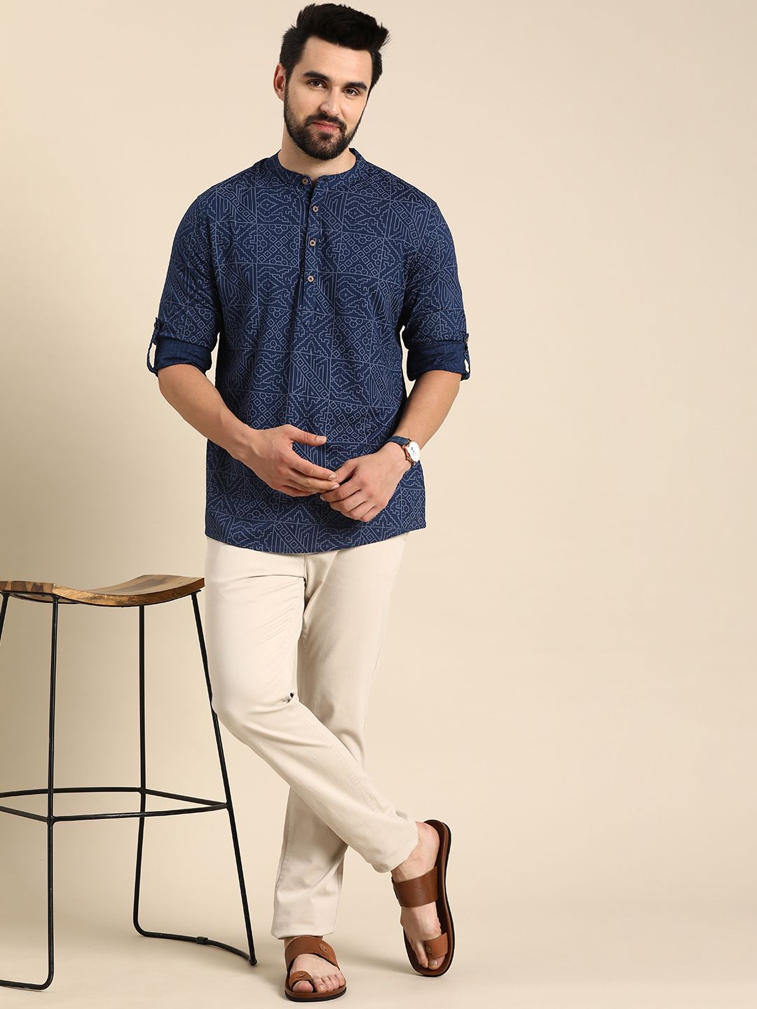 Anouk Men Geometric Printed Cotton Indigo Short Kurta