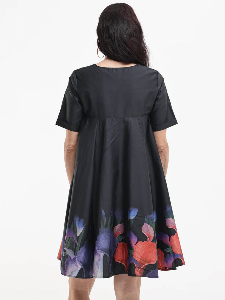 RAREISM Black Floral V-Neck Short Sleeves A-Line Women Cotton Dress
